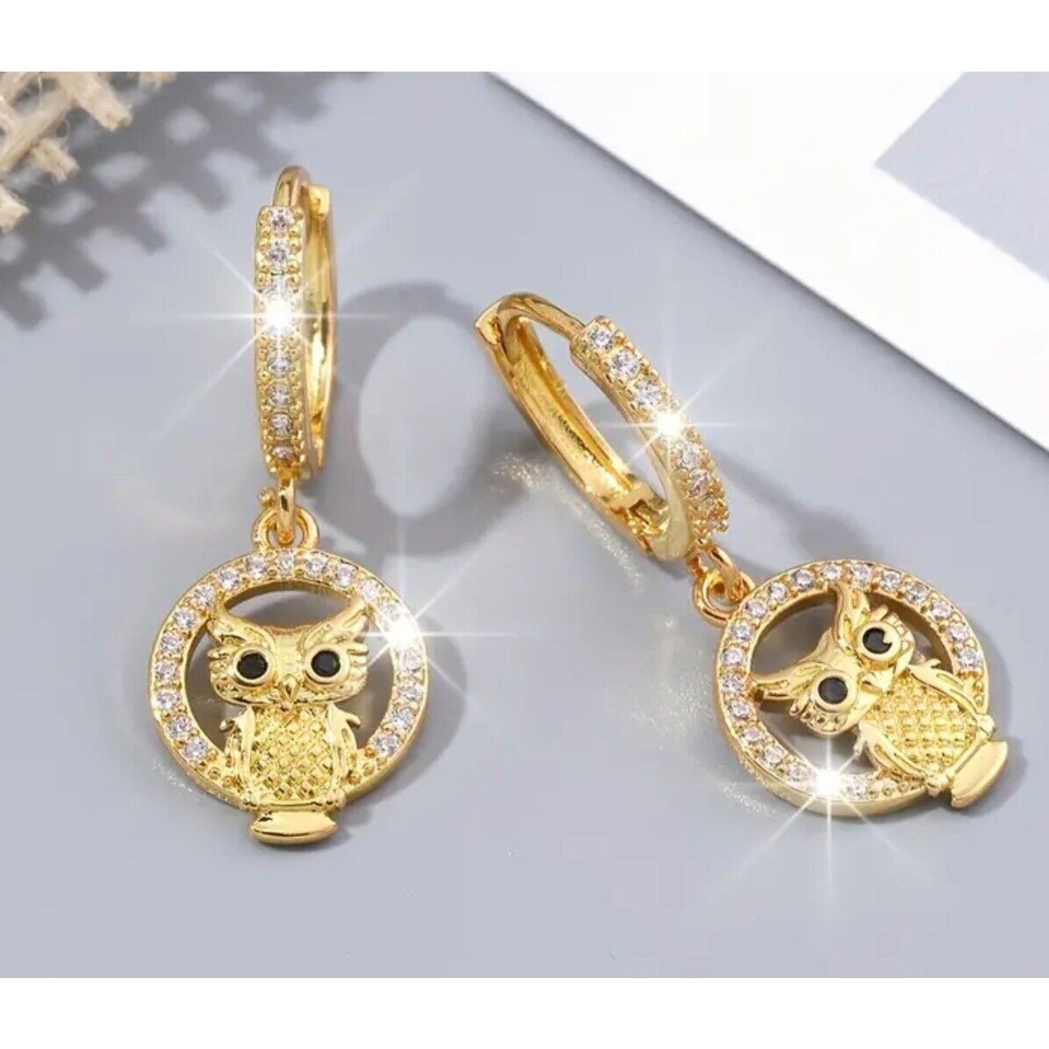 14k Gold Plated Owl Halo Earrings Crystal Chic Fashion Elegant Animals Birds New